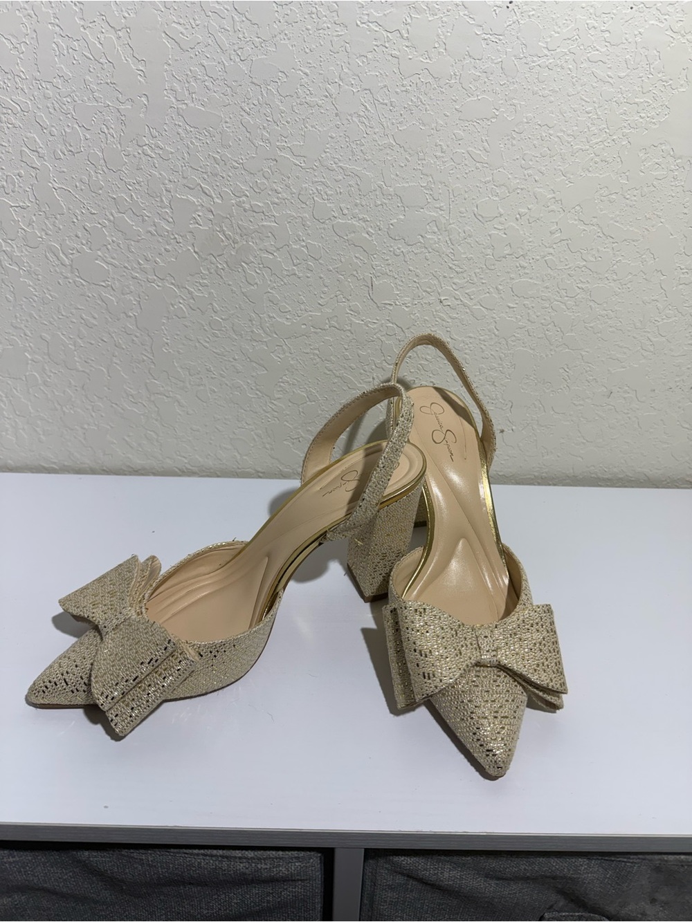 Jessica Simpson Champagne Glitter Pointed-Toe Slingback Heels with Bow